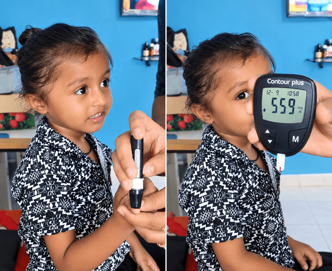 A young child's blood sugar being checked, with a very high reading of 559 mg/dL